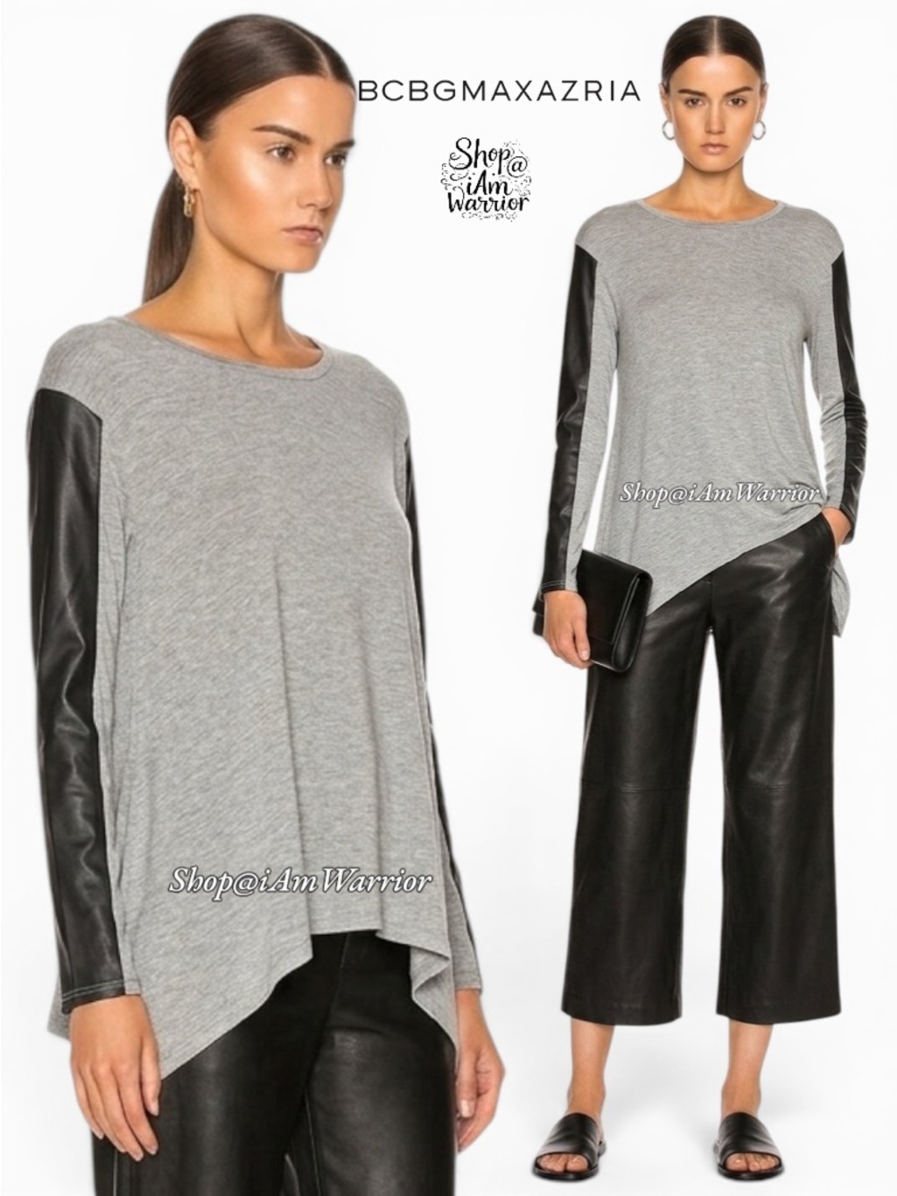 BCBGMaxAzria mixed media faux leather sleeve top *shop@iamwarrior